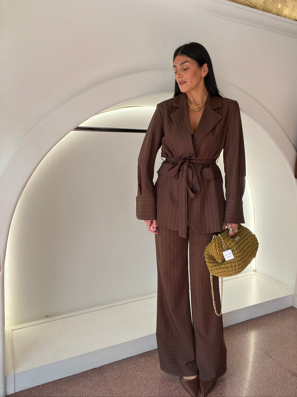 pantalone gessato kimmy marrone