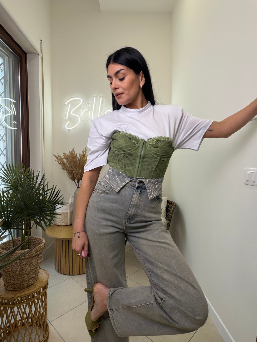 collar denim  green con brillantini